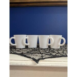 Hazel Atlas Milk Glass C Handle Diner Mugs White H A Mark Set of 4 1950s MCM